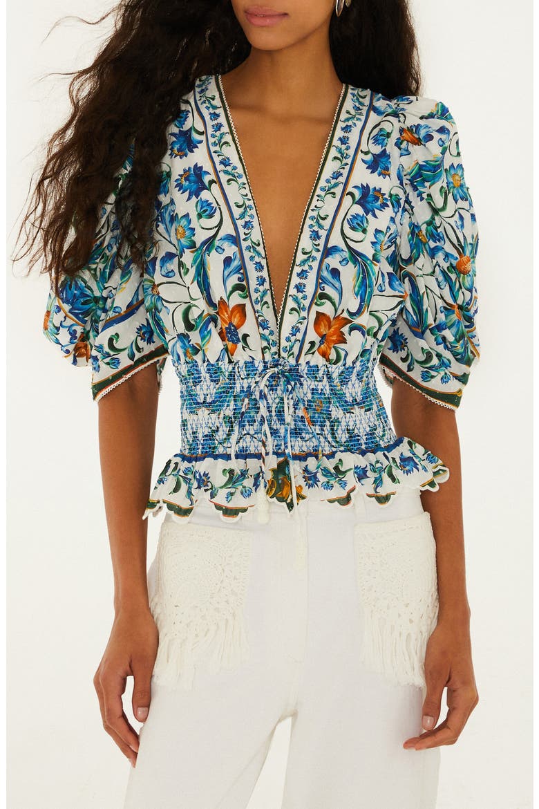 Floral Plunge Neck Smocked Top, Main, color, FLORA TILE OFF-WHITE