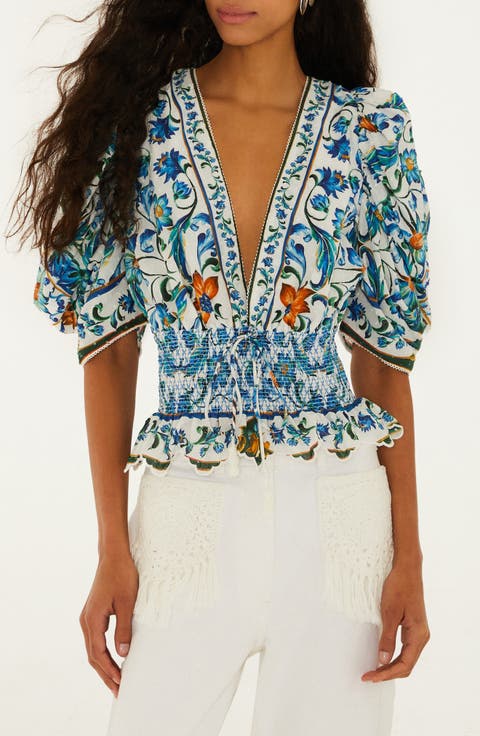 Floral Plunge Neck Smocked Top