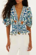 FARM Rio Floral Plunge Neck Smocked Top
