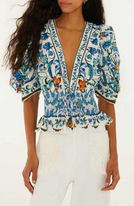 Floral Plunge Neck Smocked Top