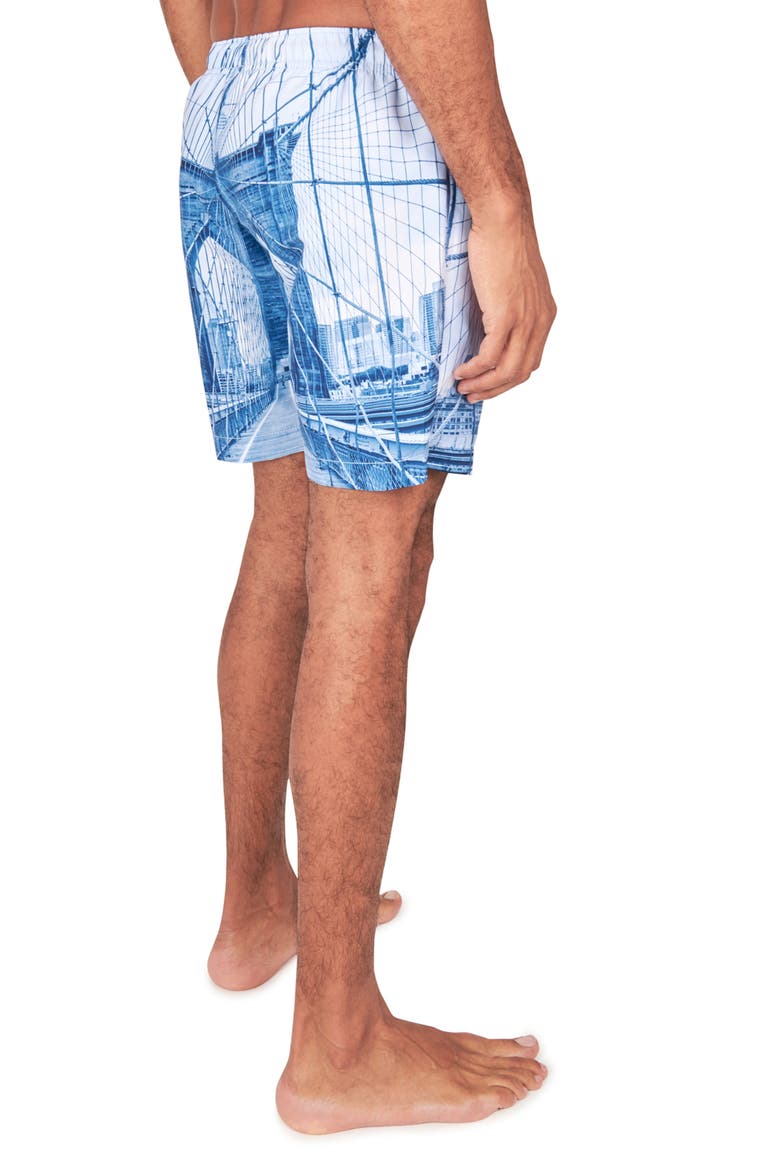 Slim Fit Brooklyn Bridge Swim Trunks, Alternate, color, BLUE