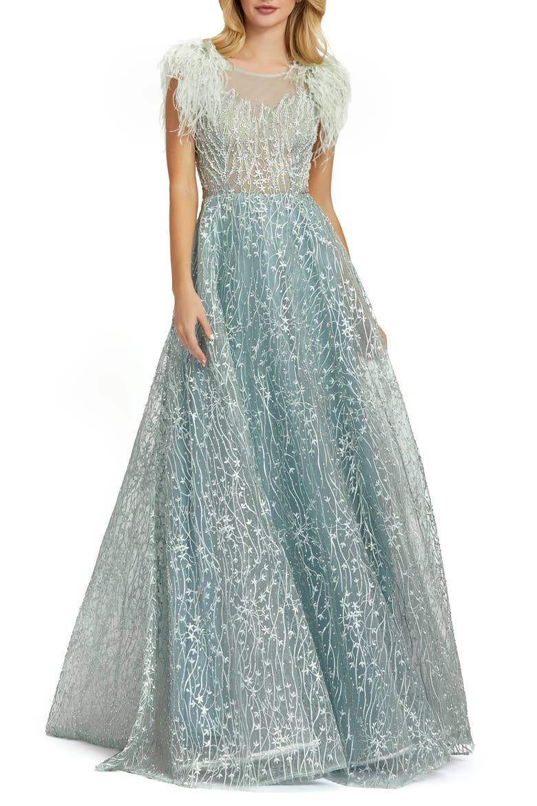 Crystal Lace Feather Sleeve A-Line Gown, Alternate, color, SEAFOAM