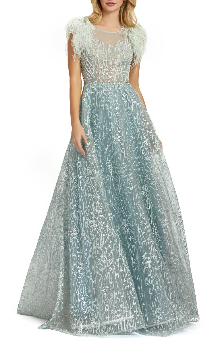 Mac Duggal Crystal Lace Feather Sleeve A-Line Gown, Alternate, color, 