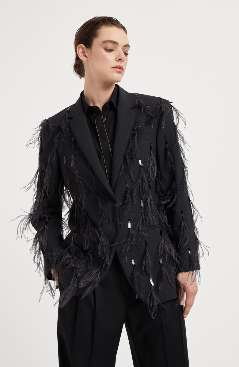 Brunello Cucinelli Tropical luxury wool blazer with dazzling feather embroidery, Alternate, color, 