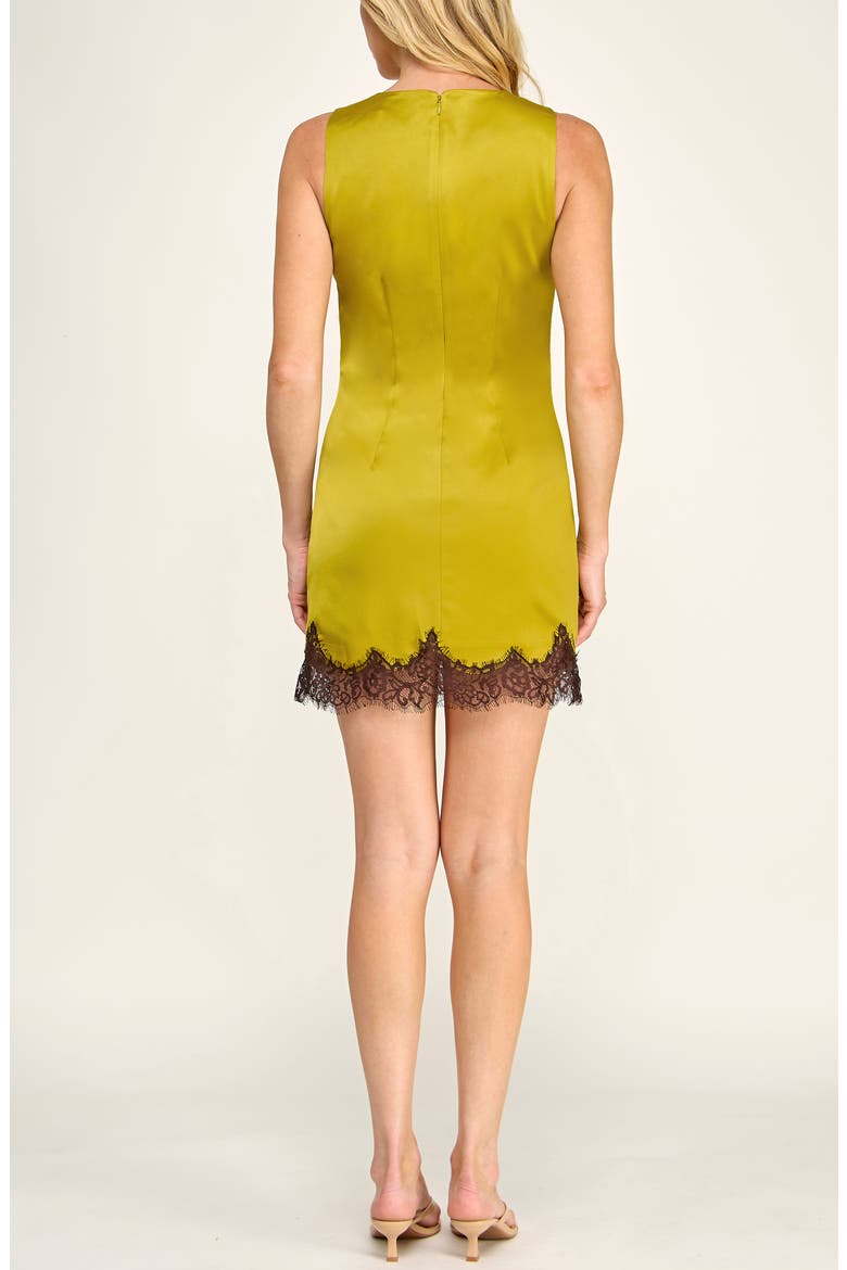 Lace Trimmed Satin Minidress, Alternate, color, CHARTREUSE/ BROWN