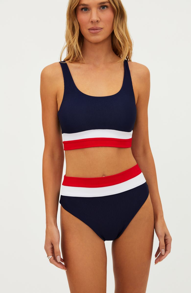 Beach Riot Heidi Colorblock High Waist Rib Bikini Bottoms, Alternate, color, Americana