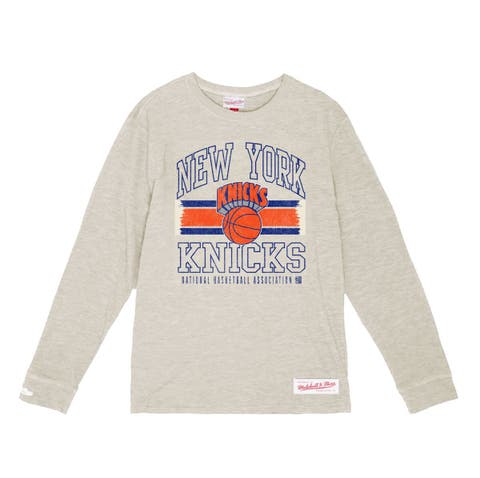 Men's Mitchell & Ness Cream New York Knicks Striped Logo Lockup Premium T-Shirt