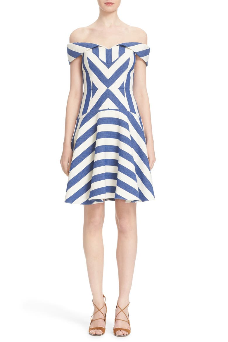 'Mariella' Stripe Off the Shoulder Fit & Flare Dress, Main, color, BLUE