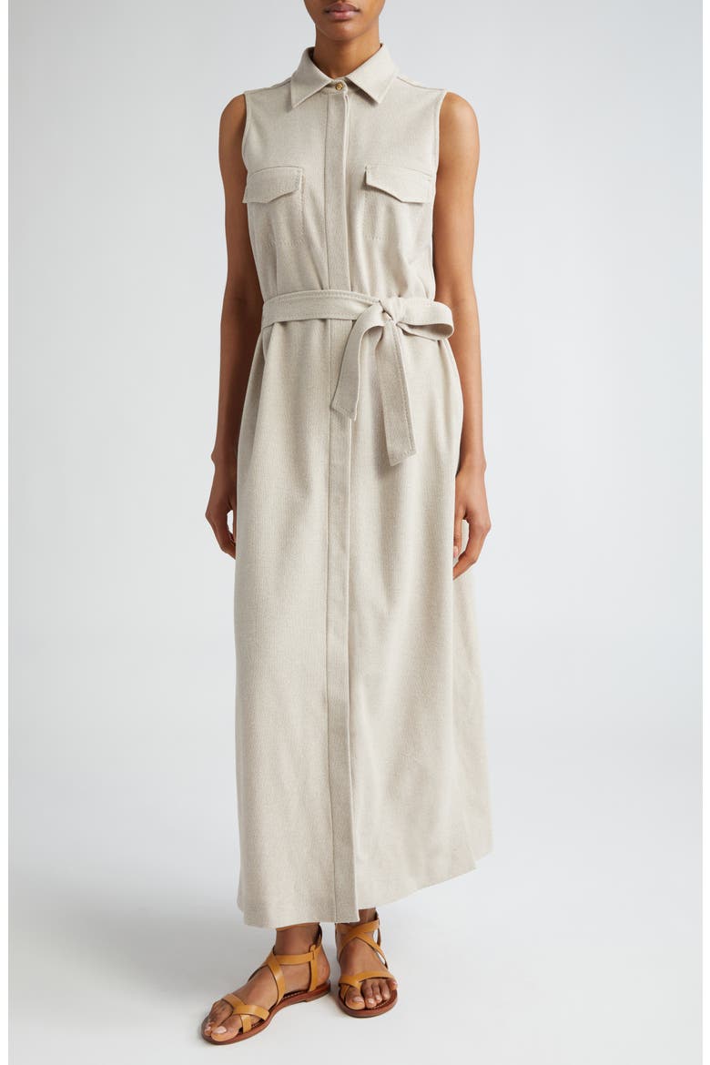 Lampo Belted Sleeveless Cotton Jersey Maxi Shirtdress, Main, color, BEIGE