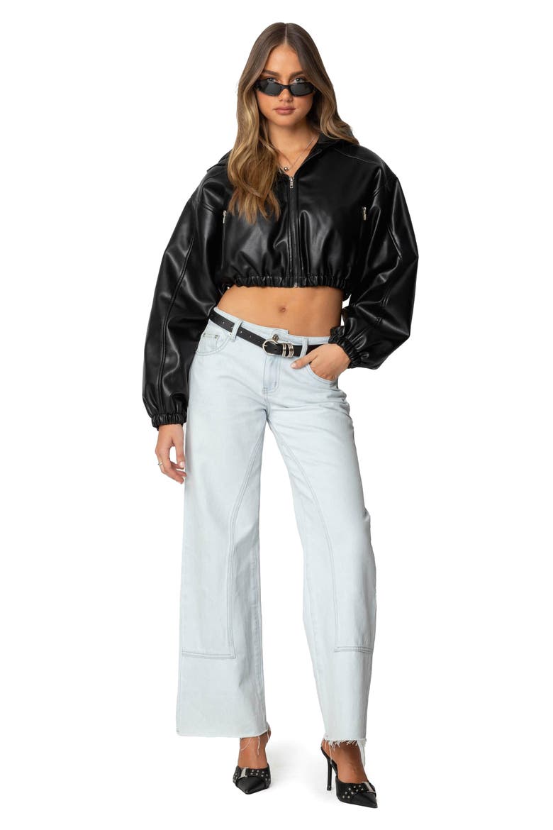 Crop Faux Leather Hooded Jacket, Alternate, color, BLACK