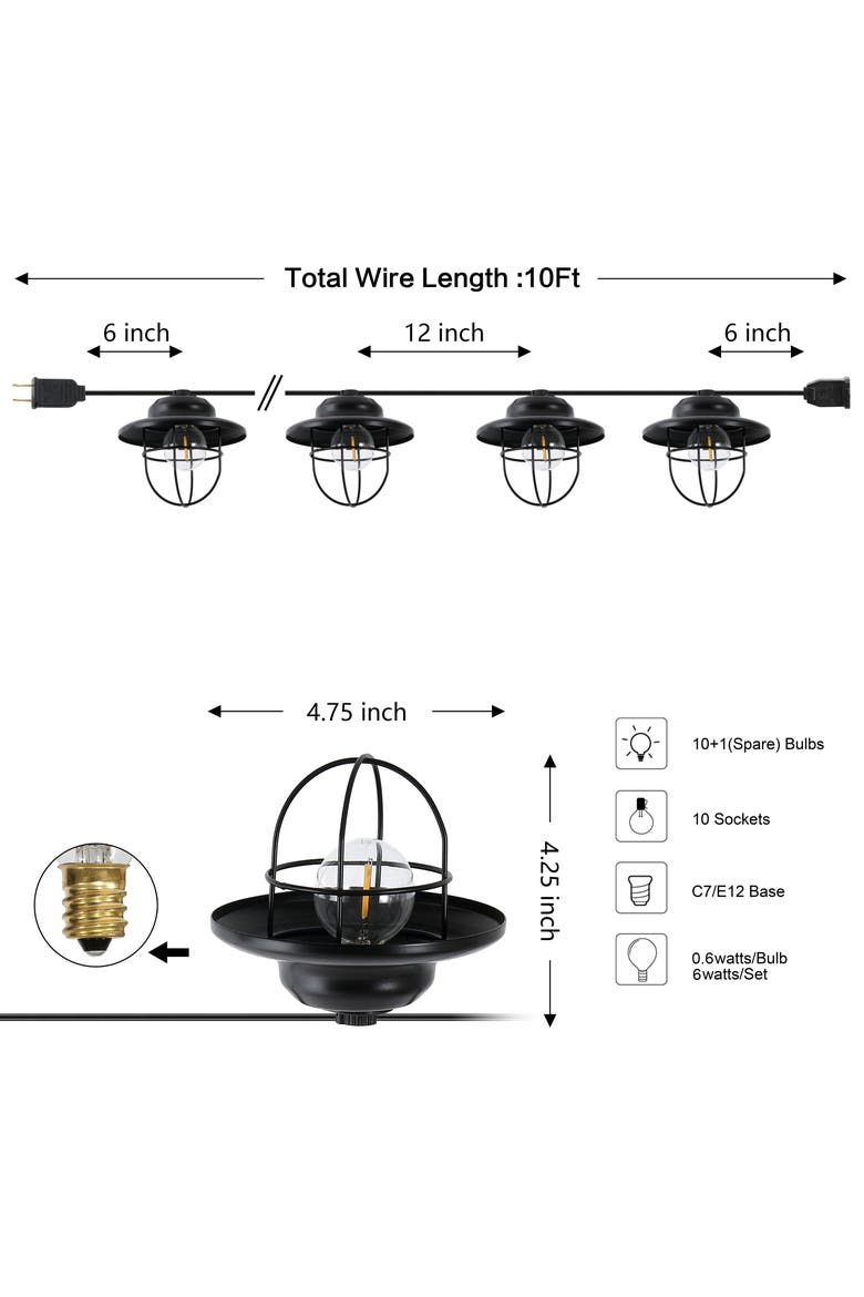 10-Light Indoor/Outdoor Rustic Farmhouse Incandescent G40 Metal Cage Shade String Lights, Alternate, color, Black