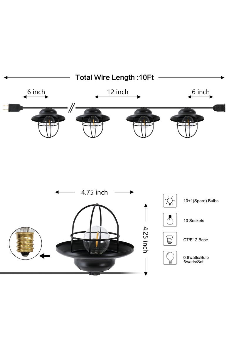 JONATHAN Y 10-Light Indoor/Outdoor Rustic Farmhouse Incandescent G40 Metal Cage Shade String Lights, Alternate, color, 