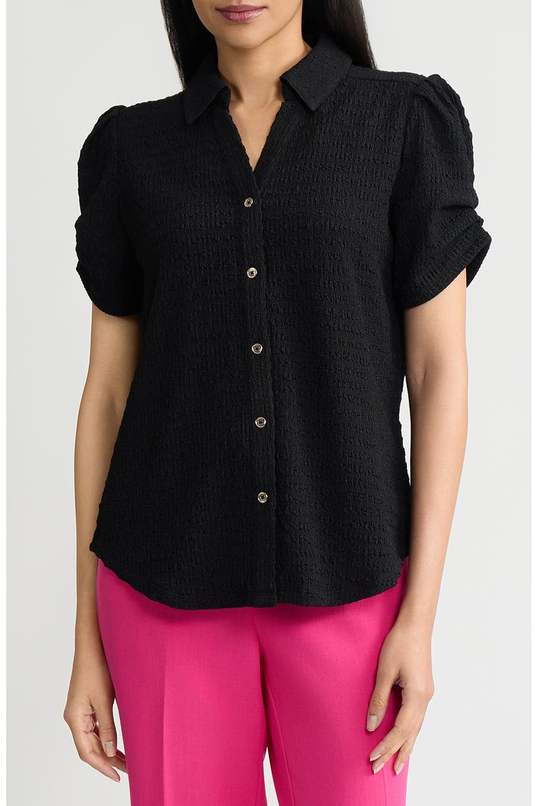 Pleat Sleeve Ridge Knit Button-Up Shirt, Main, color, BLACK