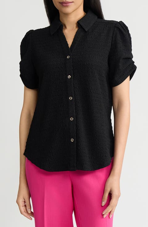 Pleat Sleeve Ridge Knit Button-Up Shirt