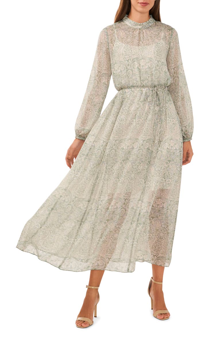 Floral Metallic Tie Waist Long Sleeve Midi Dress, Main, color, GARDEN IVY