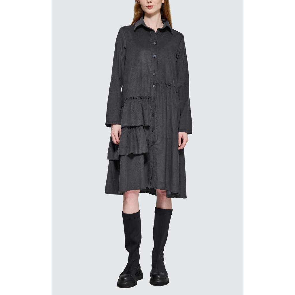 Luukaa Isolde Ruffled Cord Velvet Shirt Dress In Gray