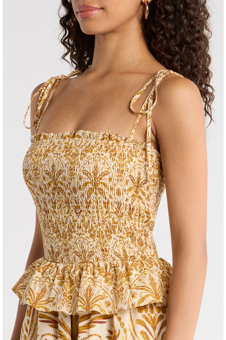 Calina Tropical Irvine Smocked Tie Strap Cotton Sundress, Alternate, color, CREAM-BROWN