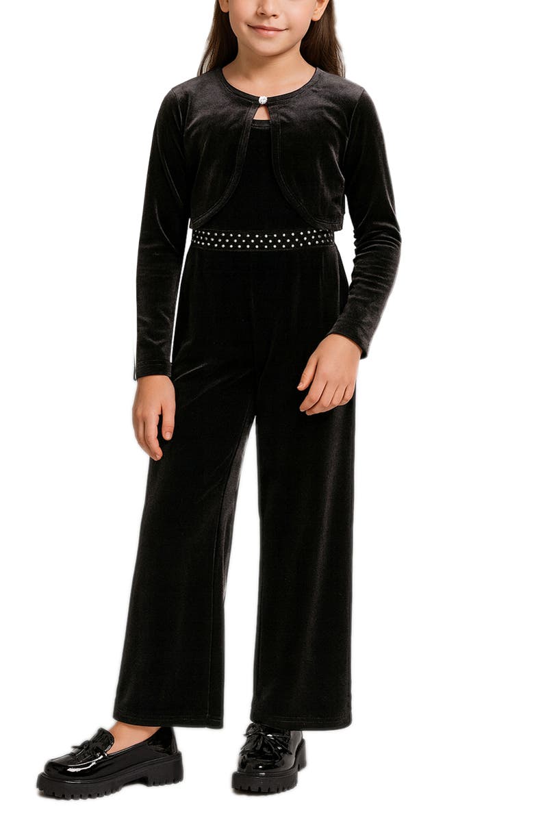 Zunie Kids' Velvet Jumpsuit & Shrug Set, Alternate, color, Black