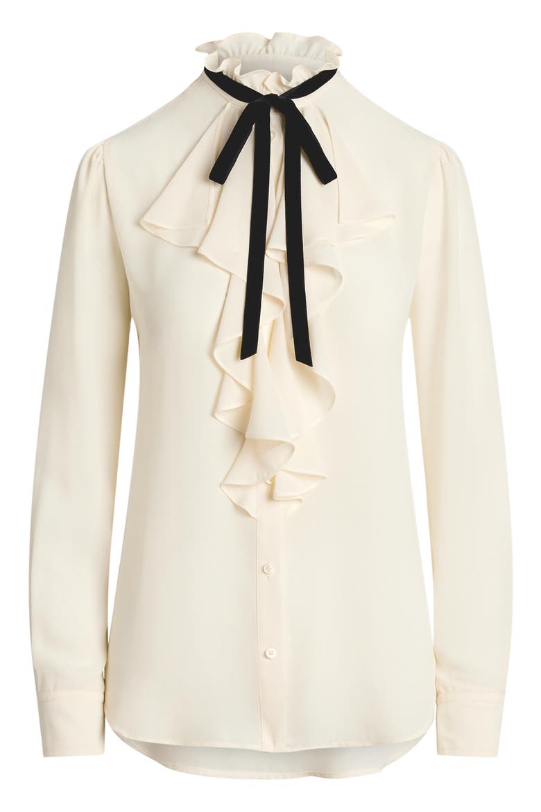 Ruffle Trim Georgette Button-Up Shirt, Alternate, color, MASCARPONE CREAM/ BLACK