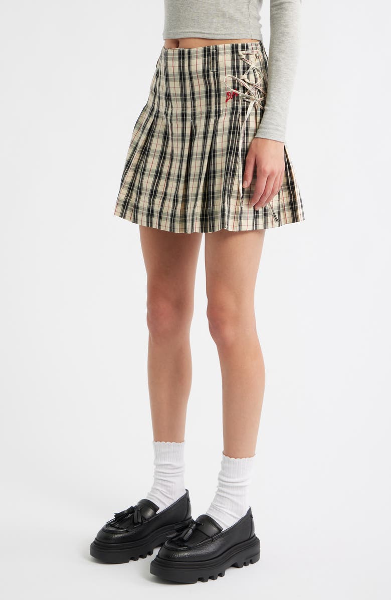 Damson Madder Moffy Plaid Pleated Organic Cotton Miniskirt, Alternate, color, Butter