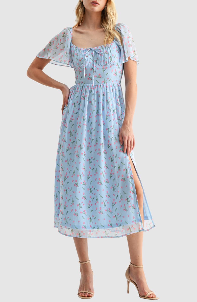 All in Favor Floral Butterfly Sleeve Midi Dress, Main, color, Light Blue Tulip