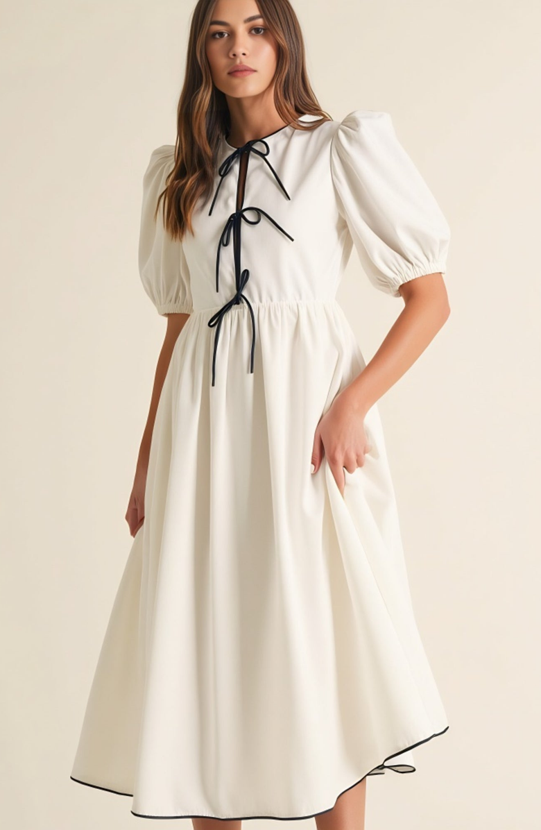 Modenaire Puff Sleeve Midi Dress with Tiered Front Ties and Contrast Trim, Alternate, color, White / Black Trim