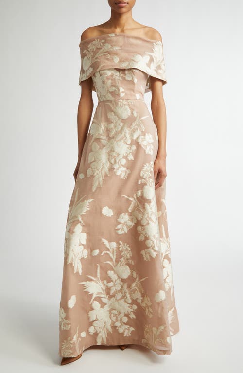 Lela Rose Deedie Floral Fil Coupe Off-the-shoulder Gown In Nude