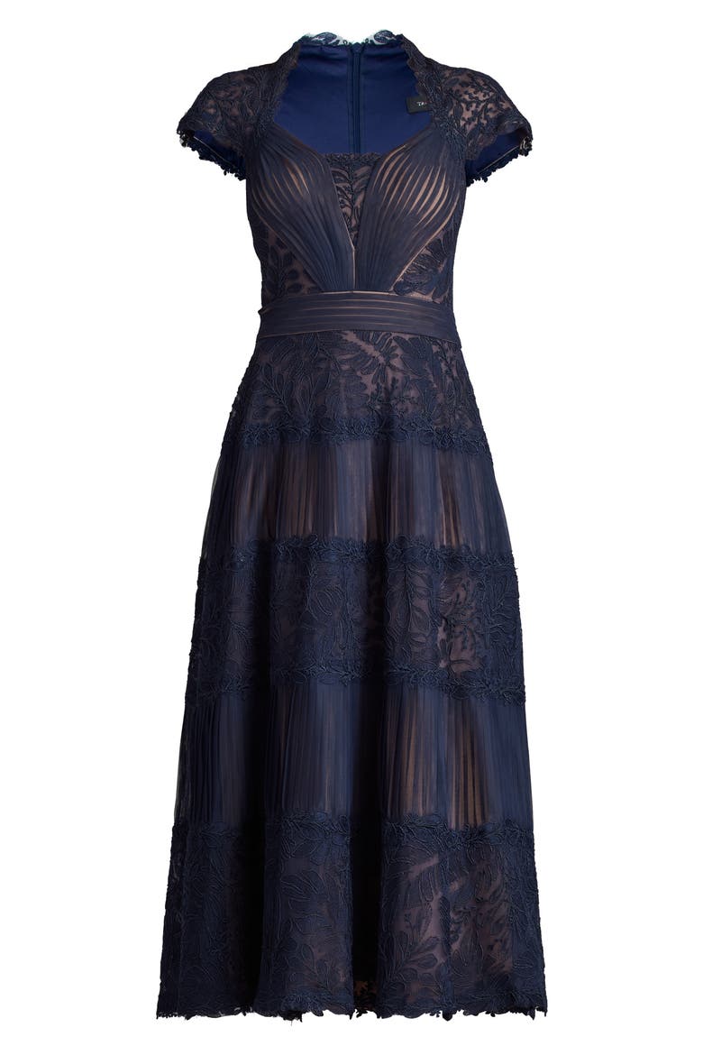 Pintuck Pleat Embroidery Detail Cocktail Midi Dress, Alternate, color, NAVY/ NUDE