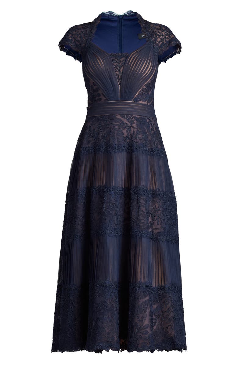 Tadashi Shoji Pintuck Pleat Embroidery Detail Cocktail Midi Dress, Alternate, color, Navy/ Nude