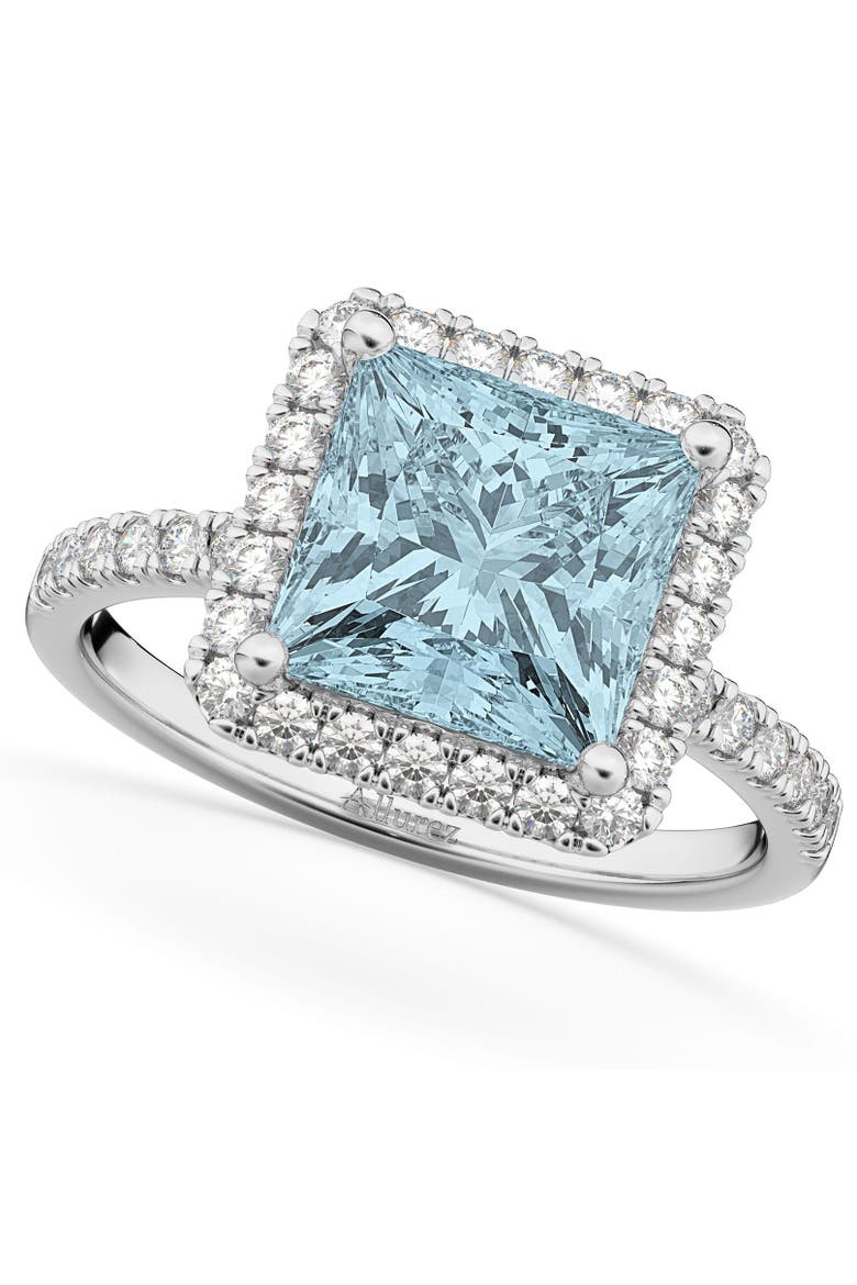 Princess Cut Halo Aquamarine & Diamond Engagement Ring 14K, Main, color, 3.47ct/White Gold