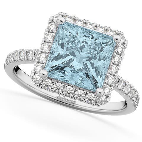 Princess Cut Halo Aquamarine & Diamond Engagement Ring 14K