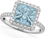 ALLUREZ Princess Cut Halo Aquamarine & Diamond Engagement Ring 14K
