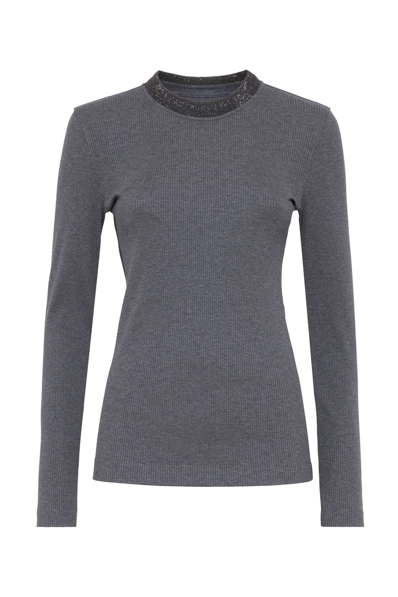 Comfort cotton ribbed jersey T-shirt with precious collar, Main, color, Dark Grey