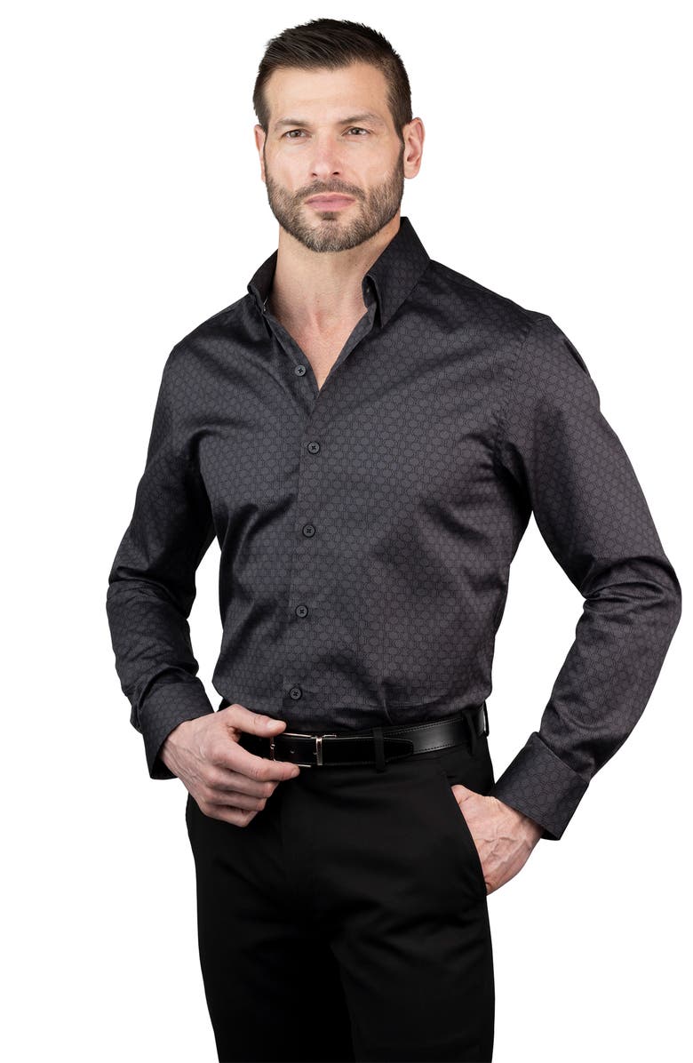 KARL LAGERFELD Trim Fit Grid Monogram Cotton Dress Shirt, Alternate, color, Black