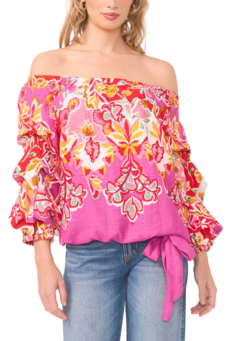 Floral Off the Shoulder Balloon Sleeve Top, Main, color, CHERRY ROSE