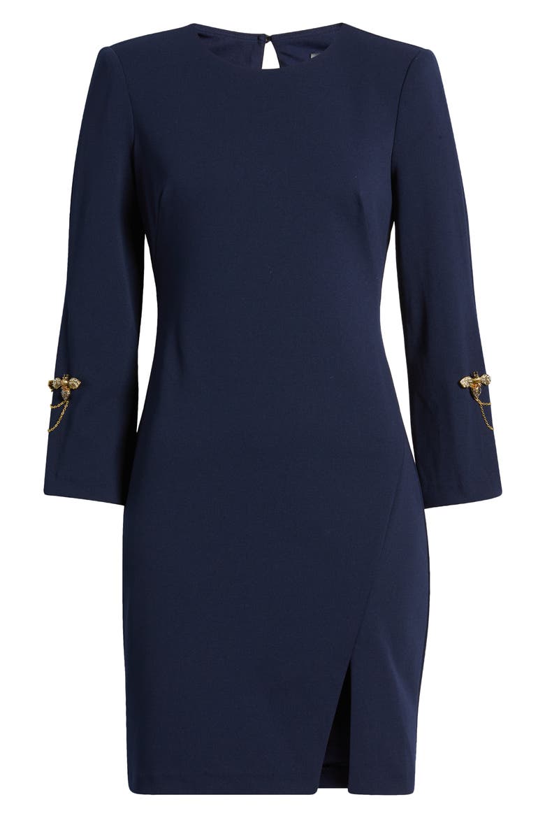 Brooch Detail Long Sleeve Crepe Shift Dress, Alternate, color, NAVY