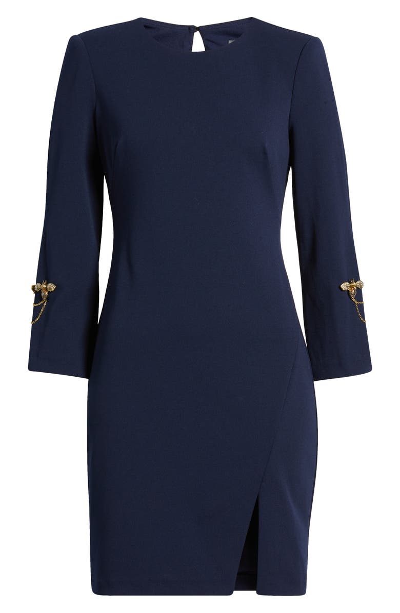 Vince Camuto Brooch Detail Long Sleeve Crepe Shift Dress, Alternate, color, Navy