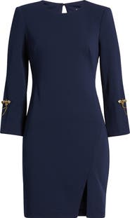 Vince Camuto Brooch Detail Long Sleeve Crepe Shift Dress