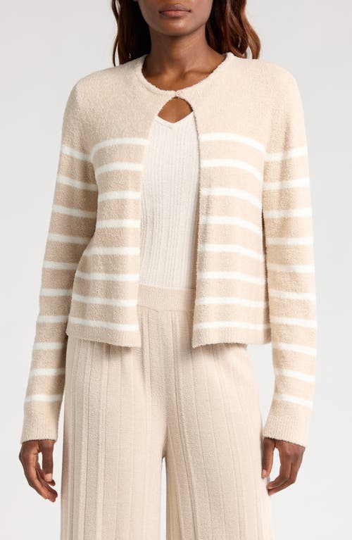 Barefoot Dreams Cozy Chic Lite Striped Cardigan With Button Stone/pearl In Stone/pearl