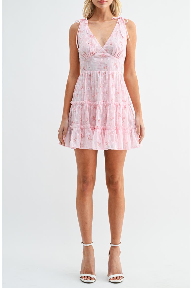 Floral Print Embroidered Tiered Minidress, Main, color, PINK FLORAL