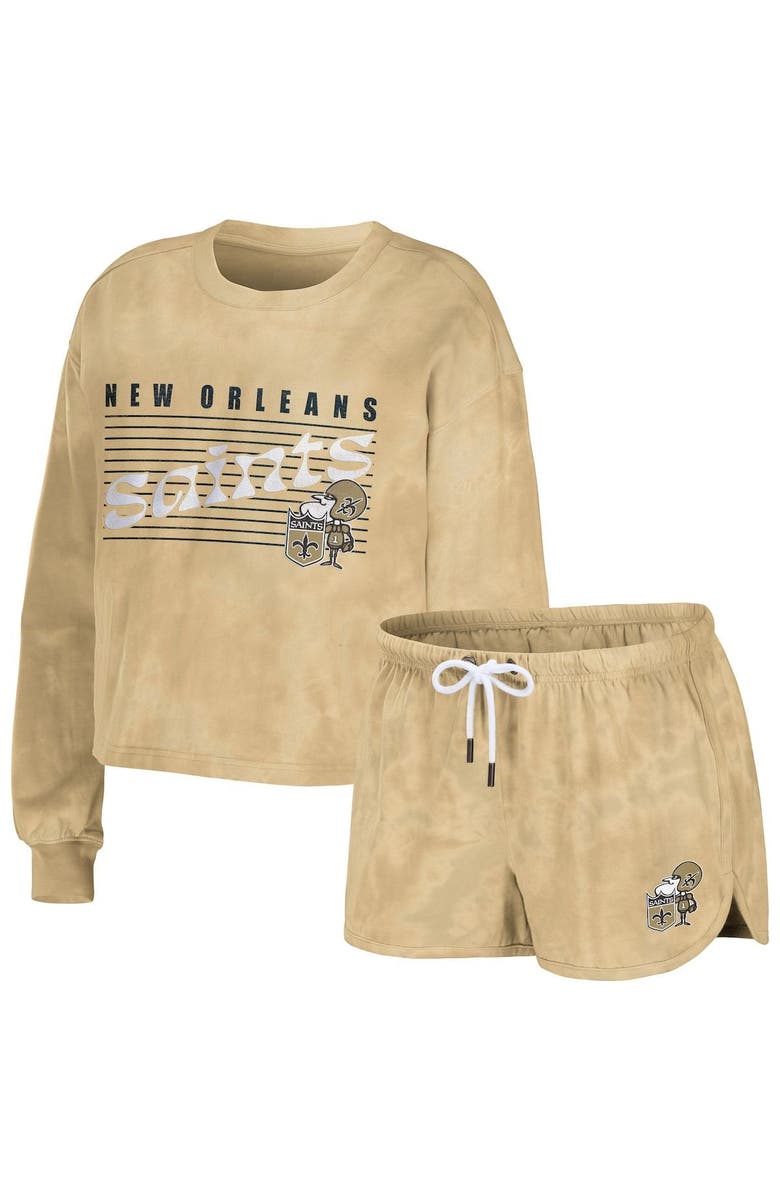 WEAR by Erin Andrews Women's WEAR by Erin Andrews Gold New Orleans Saints Tie-Dye Cropped Pullover Sweatshirt & Shorts Lounge Set, Main, color, 