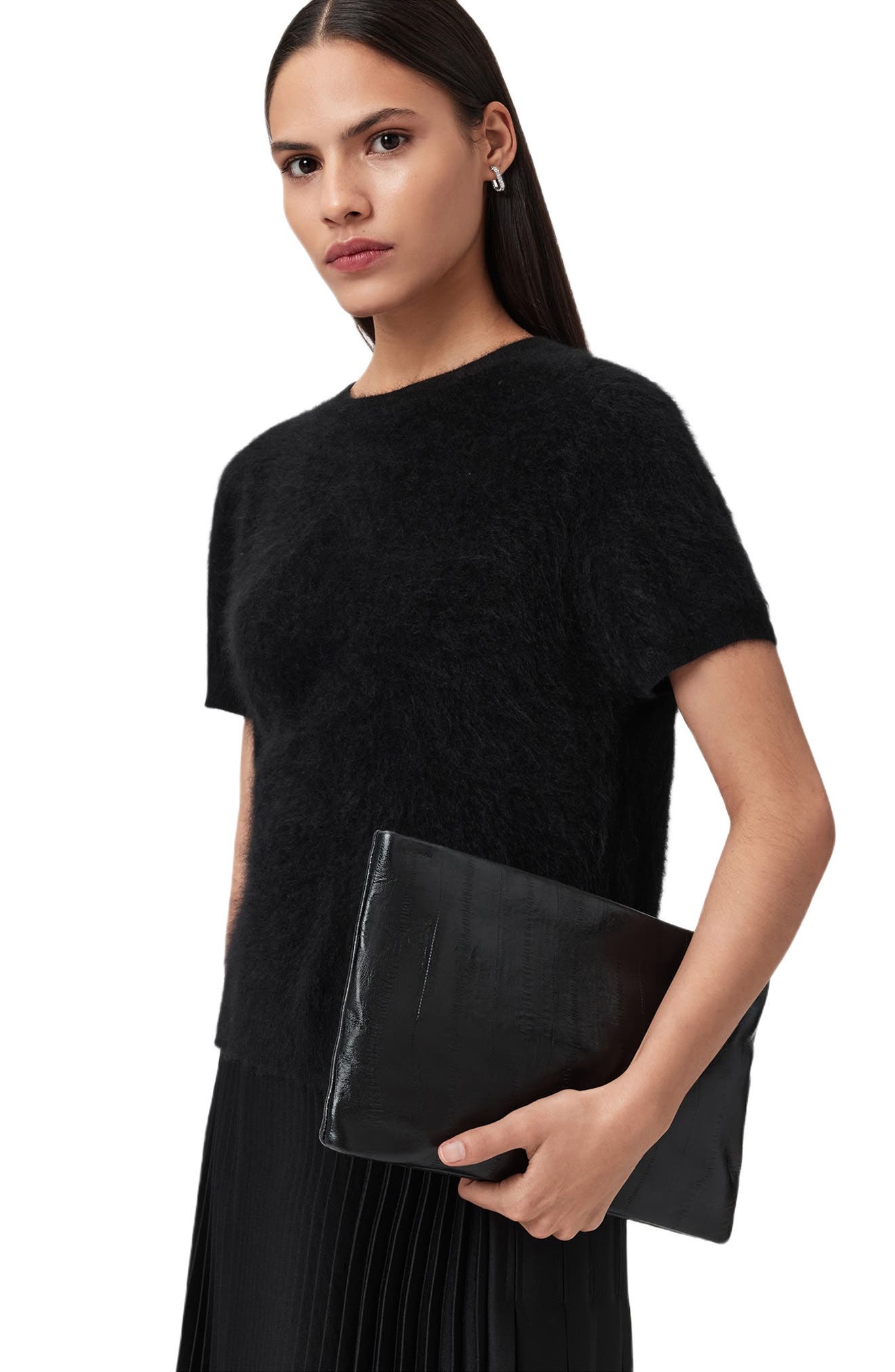 AllSaints Bettina Eel Skin Embossed Leather Clutch, Alternate, color, Black