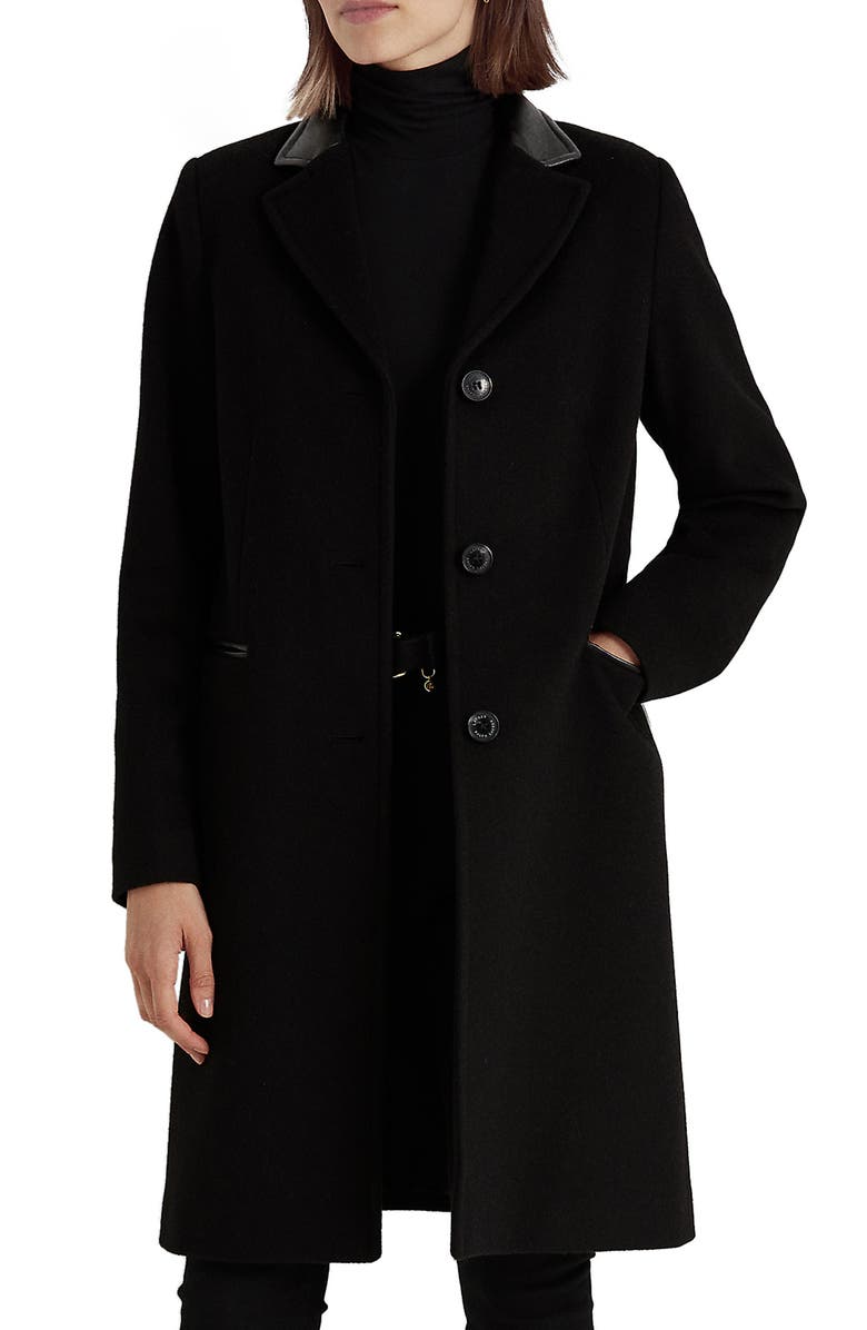 Lauren Ralph Lauren Faux Leather Trim Wool Blend Coat, Main, color,