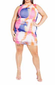 City Chic Halo Print Sleeveless Ruched Mesh Body-Con Dress