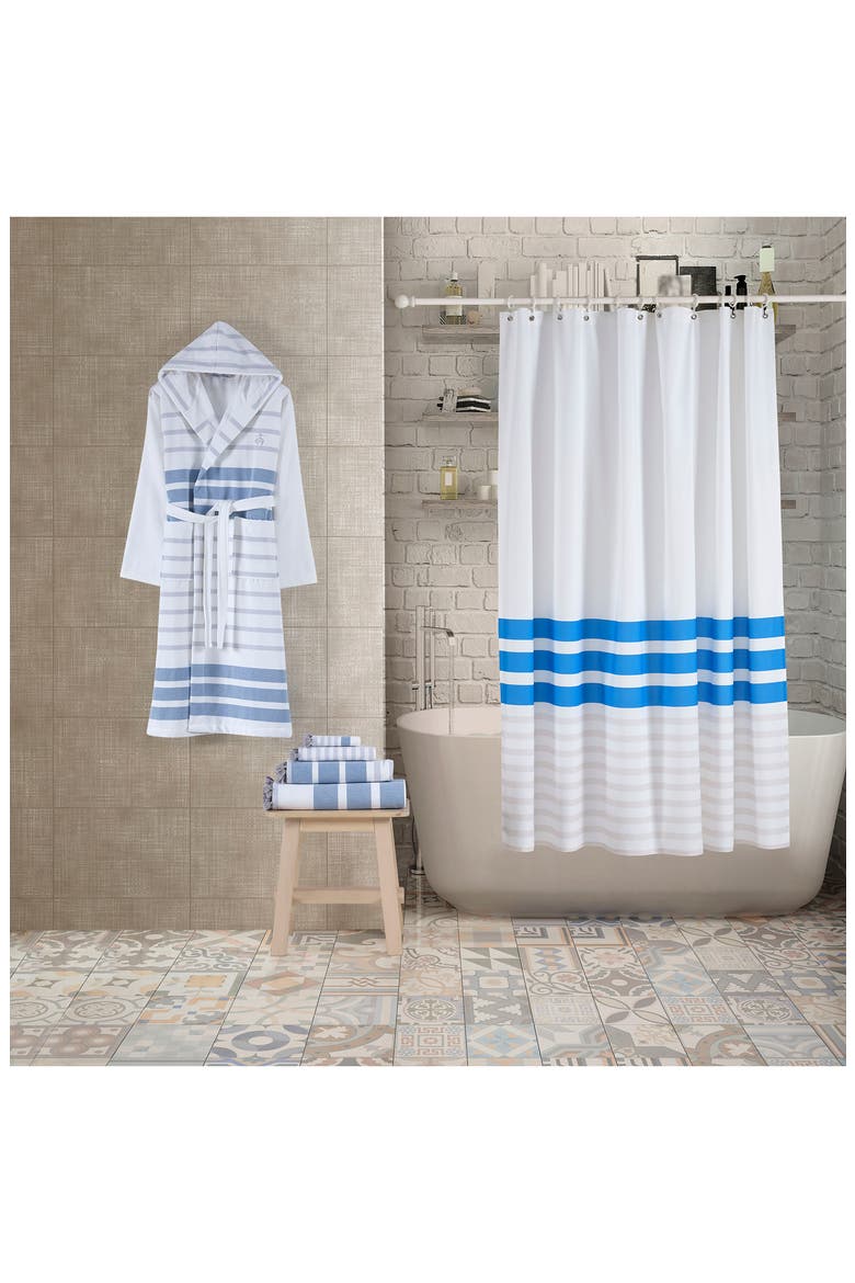 Turkish Peshtemal Shower Curtain, Alternate, color, SILVER BLUE