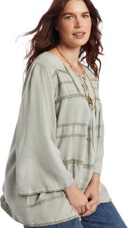 June + Vie Acid Wash Peasant Blouse