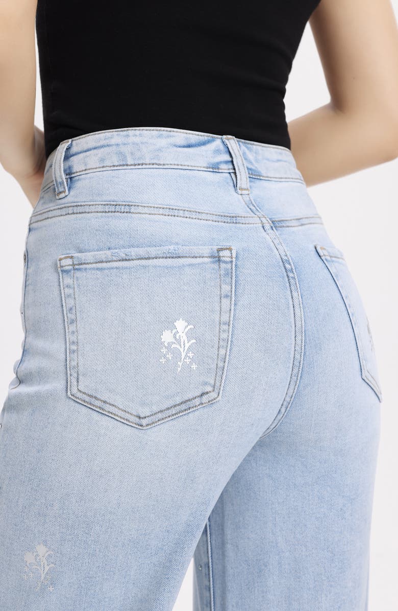 Bayeas Embellished Raw Hem High Waist Wide Leg Jeans, Alternate, color, Light Blue