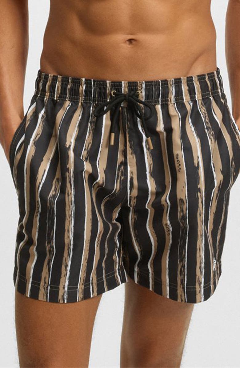 BOSS Print Swim Trunks, Main, color, Black