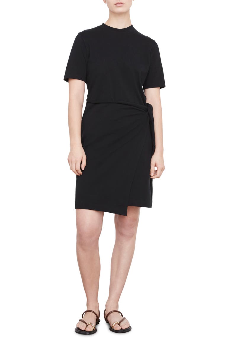 Side Tie Cotton T-Shirt Dress, Main, color, BLACK