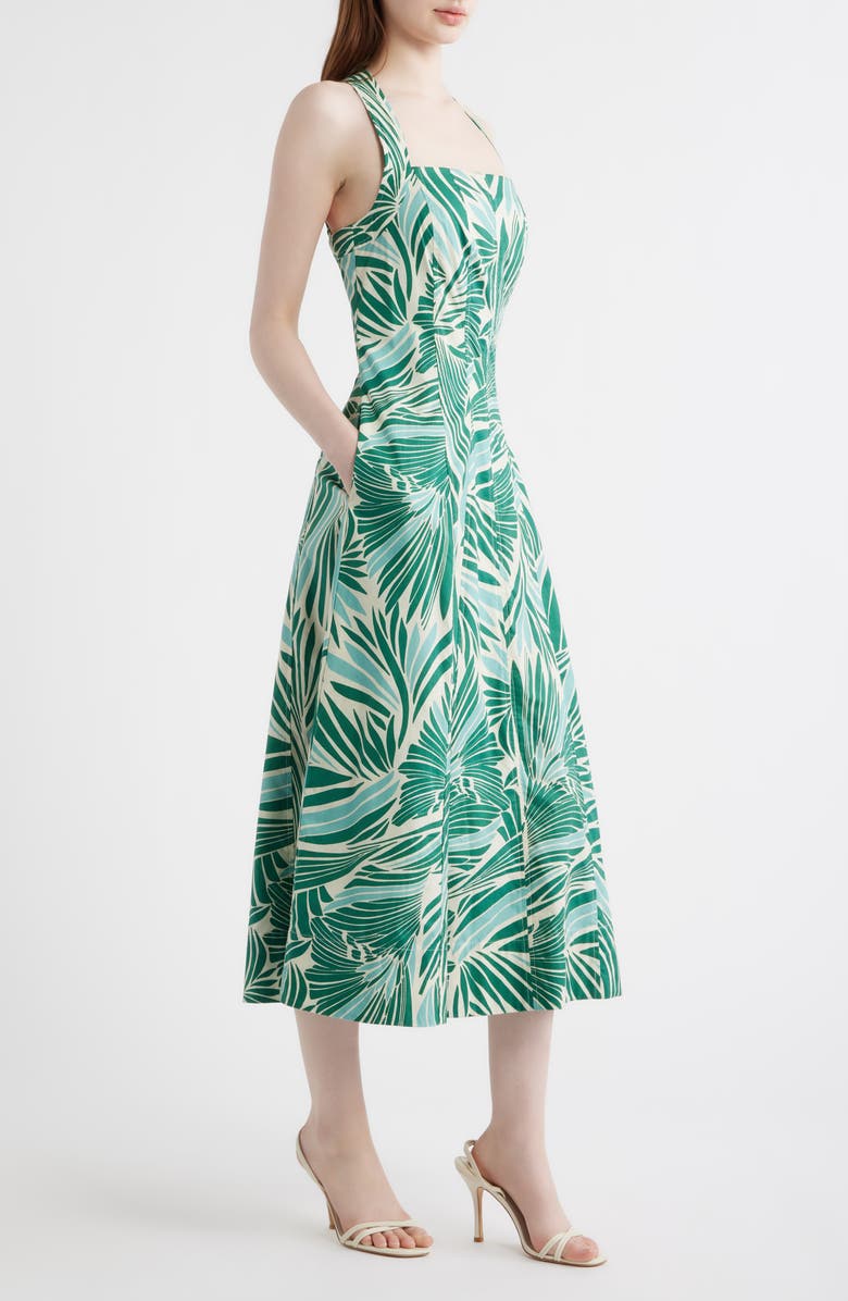 Vince Camuto Leaf Print Cotton Poplin Dress, Alternate, color, Green Mult